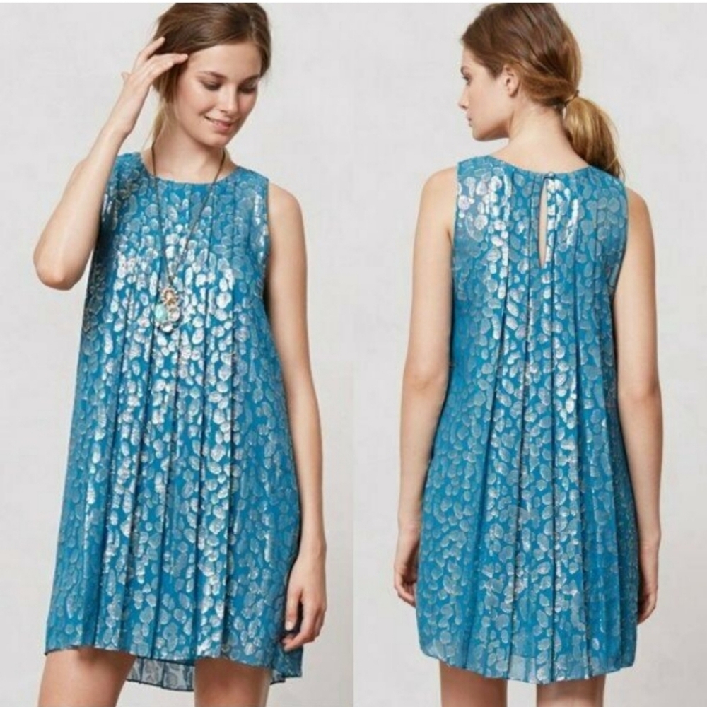 Anthropologie S/B Sachin + Babi Teal Metallic Polka Dot Silk Chiffon Dress 2